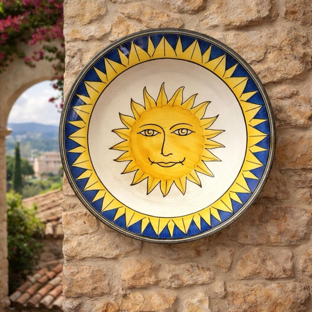 Boho Large Sun Face Wall Art Plate Mediterranean Italian Tuscan Villa Decor 13”